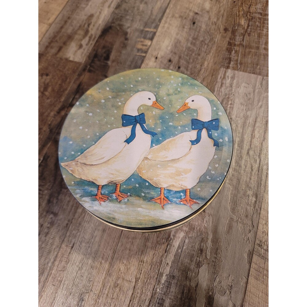 Vintage Round Tin Box With Two Geese/ Ducks With Blue Ribbons.